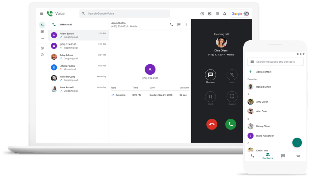 Google Voice shown on laptop and mobile